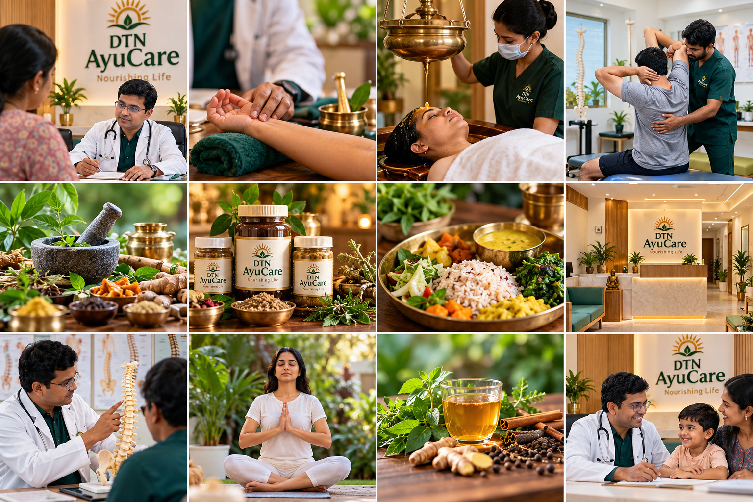 DTN AYUCARE clinical services overview showing herbal treatments, spine care, and Shirodhara