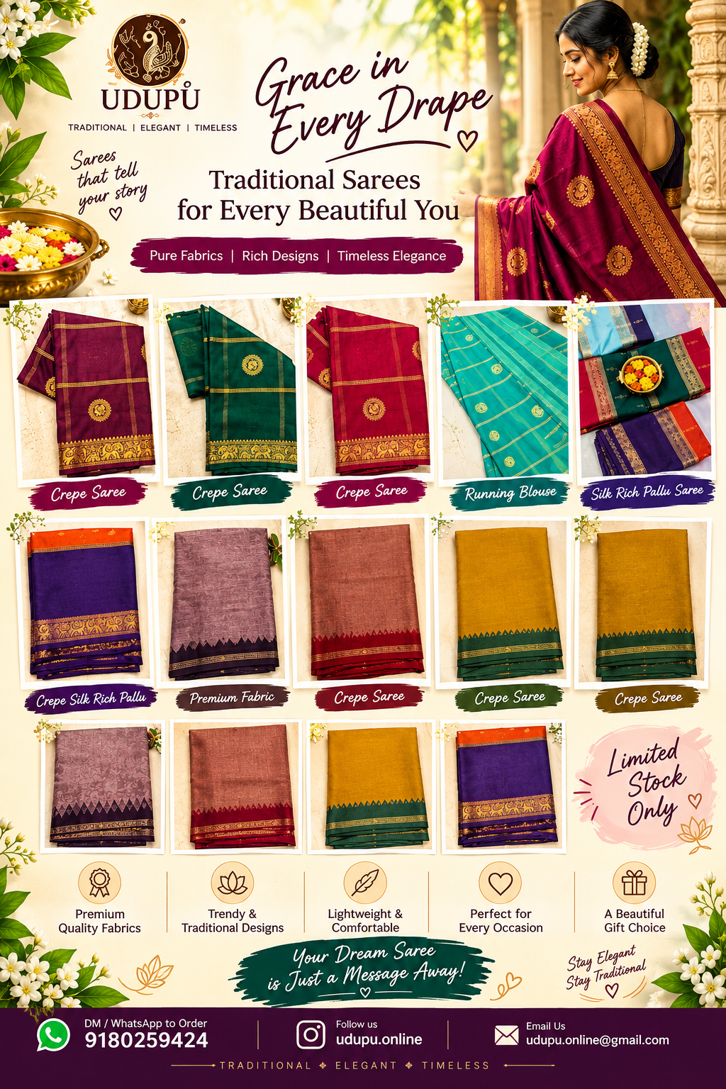 Udupu promotional collage featuring a model in a magenta saree alongside a grid of various crepe and silk sarees with contact details.