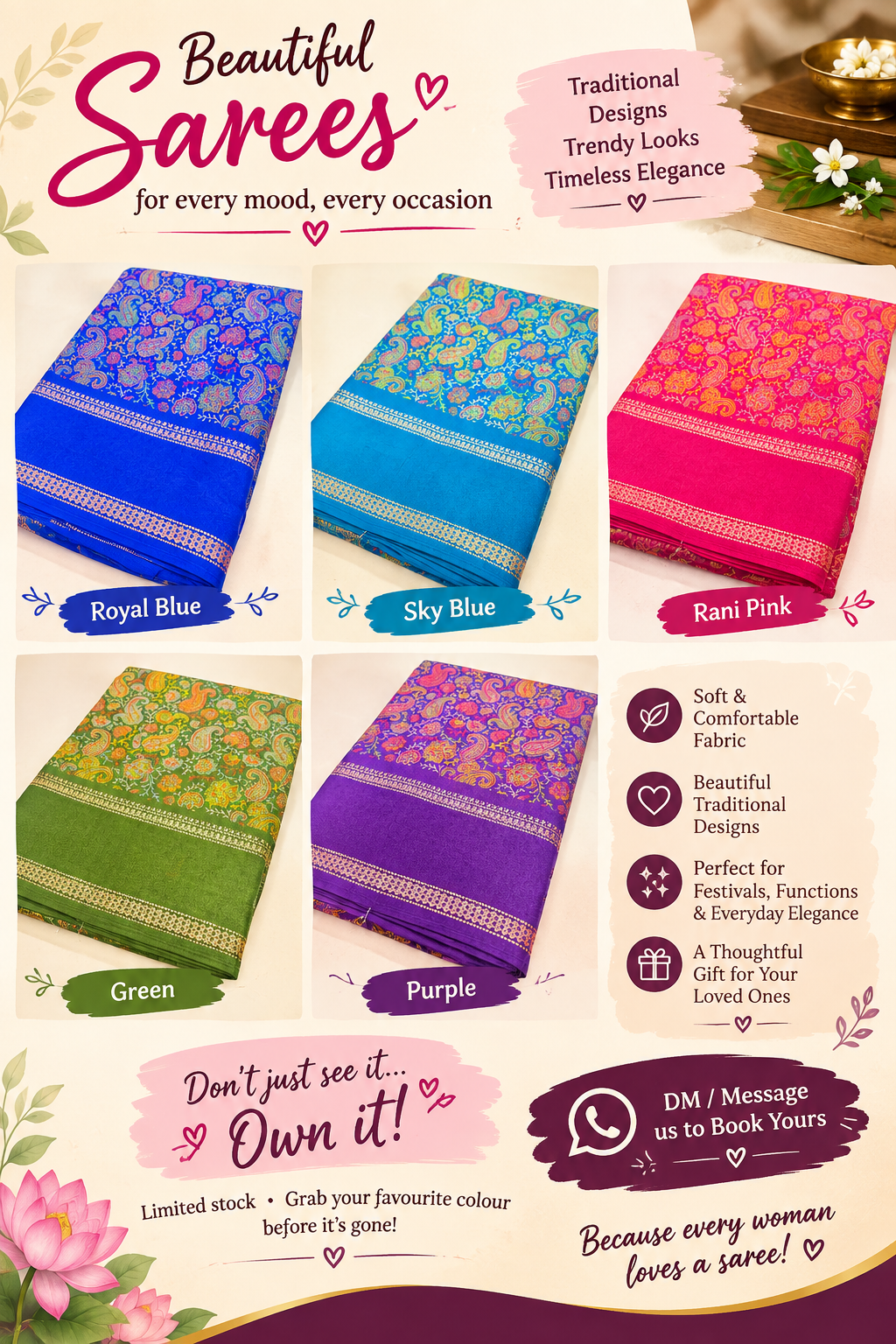 Collage of five folded sarees in Royal Blue, Sky Blue, Rani Pink, Green, and Purple with descriptive marketing text and call-to-action buttons.