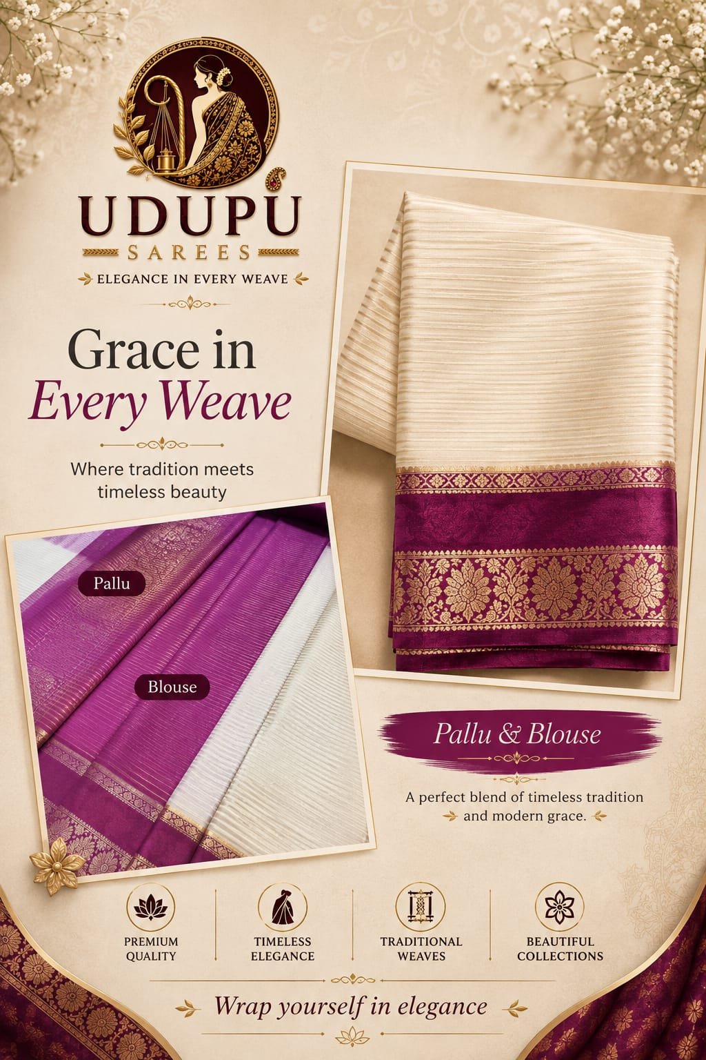 Udupu brand promotional graphic featuring a cream and purple saree with gold zari borders and labeled detail shots of the pallu and blouse.