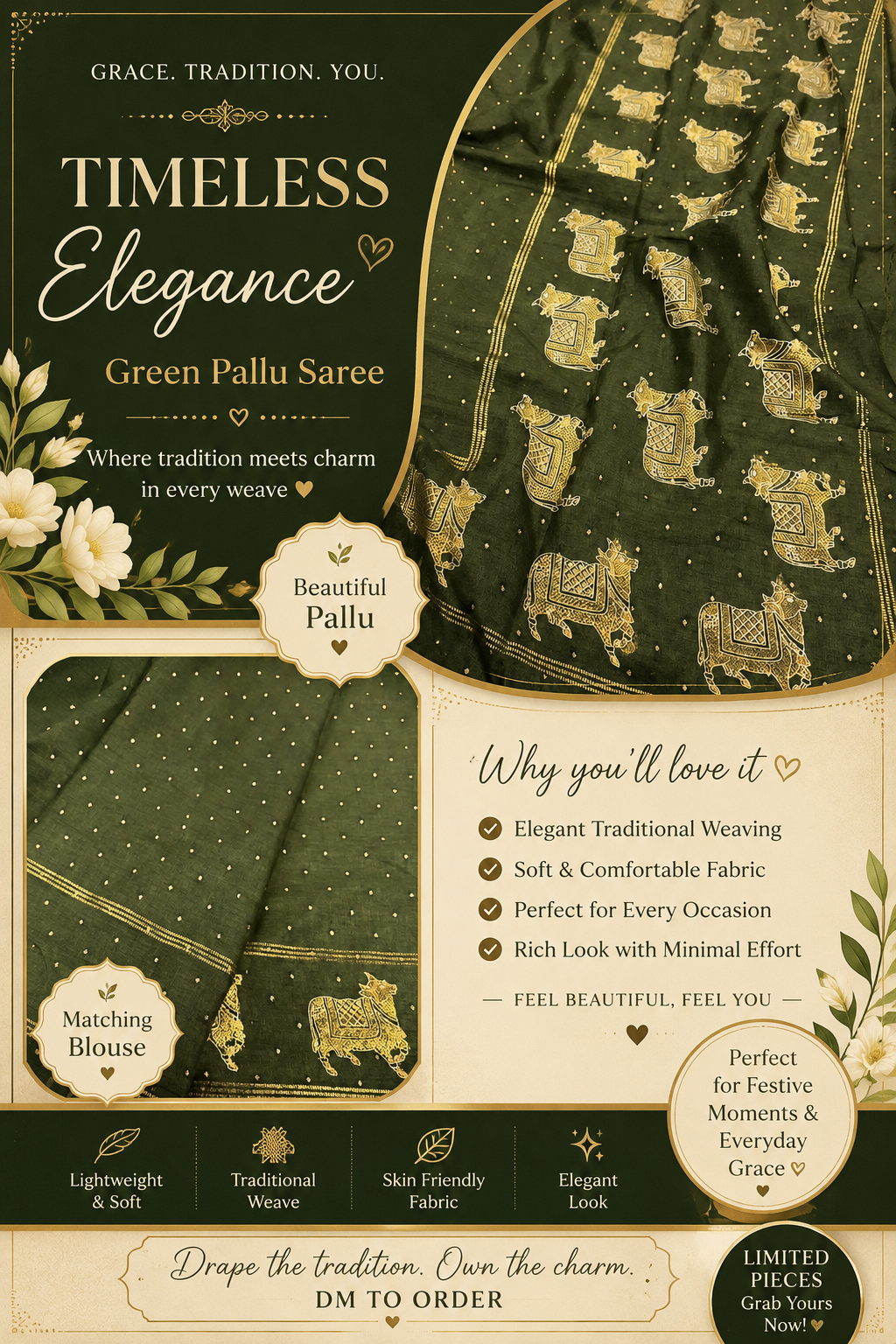 Green Pallu Saree promotional graphic featuring gold cow motifs and matching blouse details.