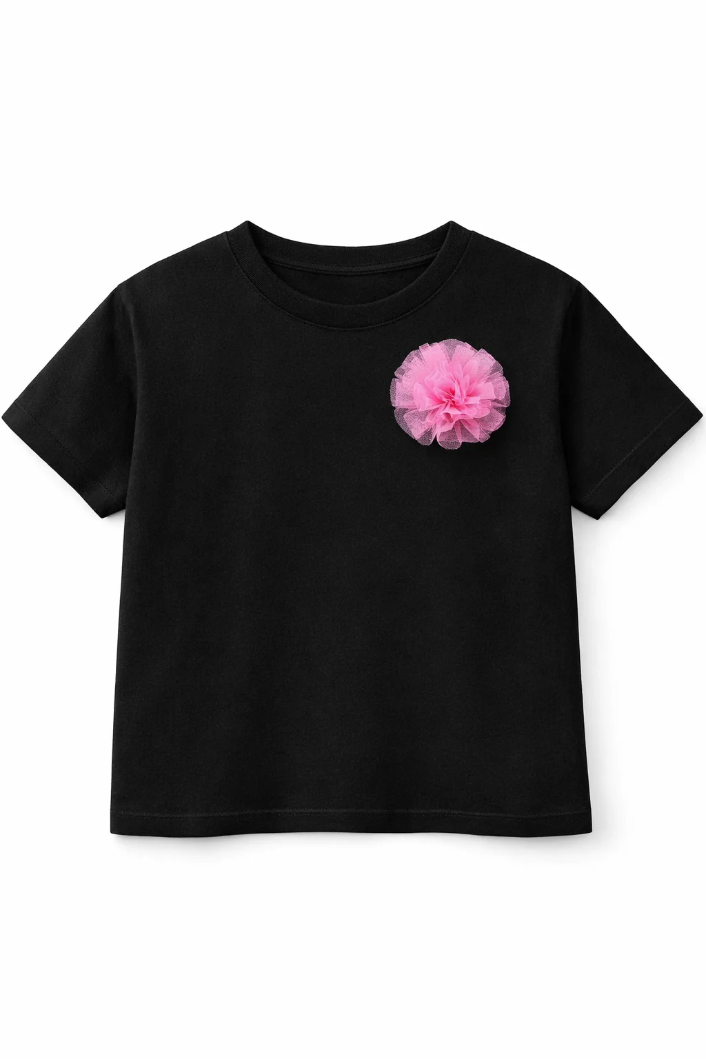 Black cotton tee with tulle flower applique