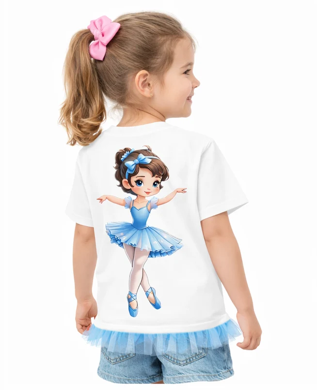 Young girl with white ballerina tulle trim t-shirt