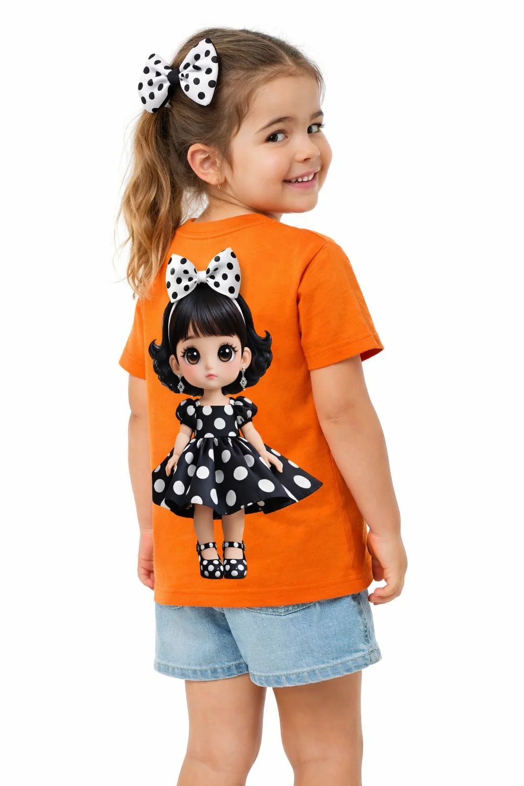 Child wearing orange doll graphic t-shirt
