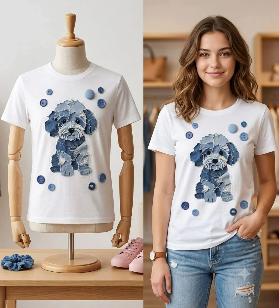 Denim puppy apparel mannequin with child model