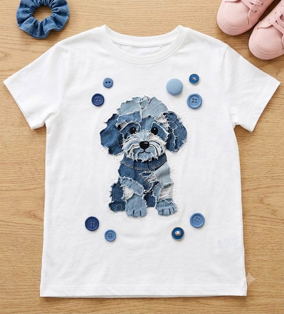 Denim patchwork puppy applique flatlay with buttons