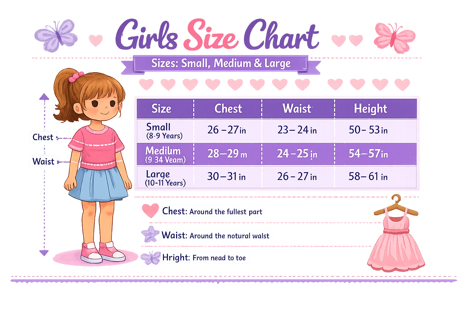 Girls size chart infographic with measurement guidelines