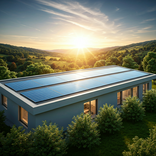 Modern home rooftop featuring a large solar panel array set against a golden sunset over rolling green hills.