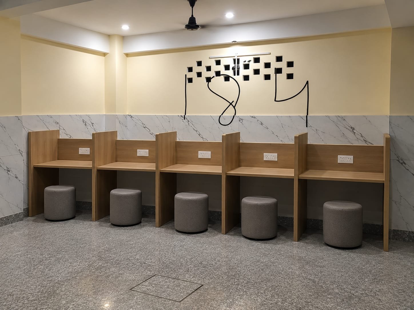 Silent study library workstations with individual lighting