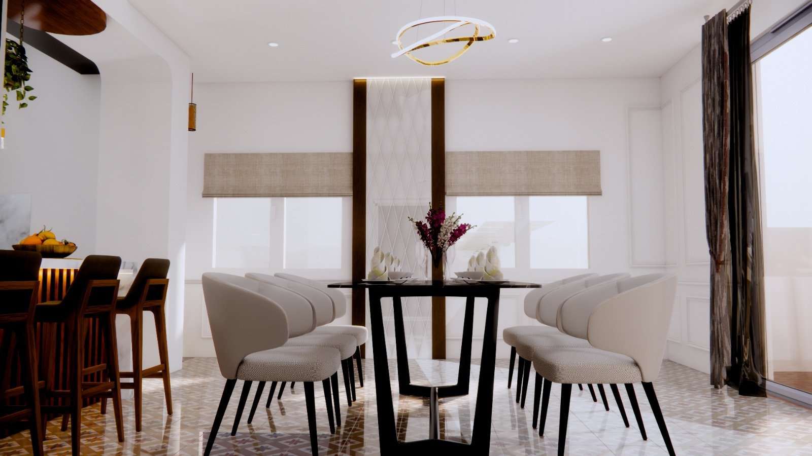 Modern dining room featuring a black glass table with upholstered white chairs, a backlit wall panel, and a breakfast bar with wooden stools.