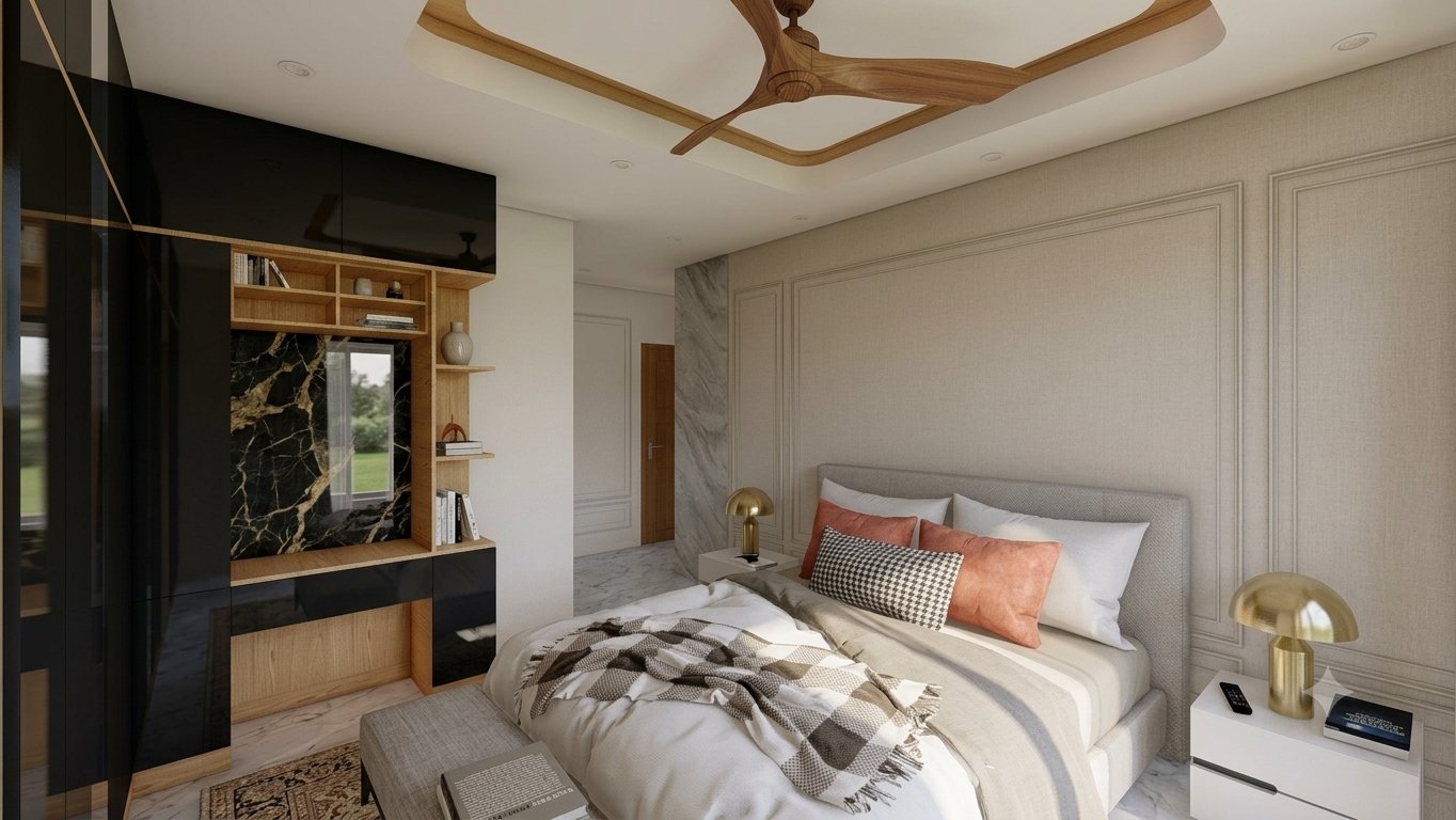 Modern bedroom interior featuring a black marble-accented media unit, warm wood shelving, and a neutral upholstered bed with gold bedside lamps.