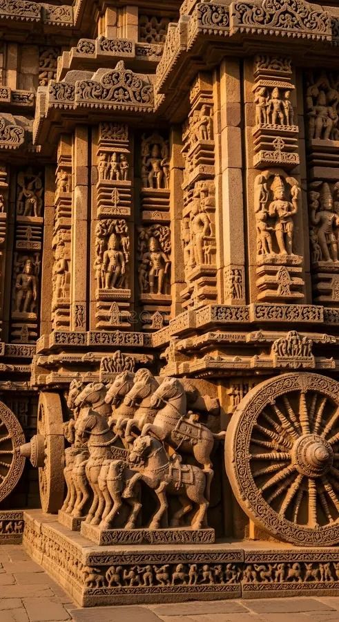 Intricate stone carving of Sun Temple chariot and classical sculptures