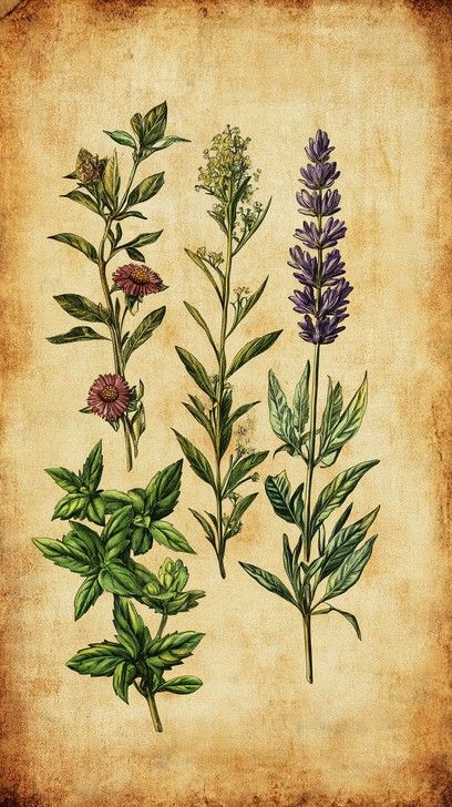 Traditional botanical illustration of medicinal herbs on vintage parchment